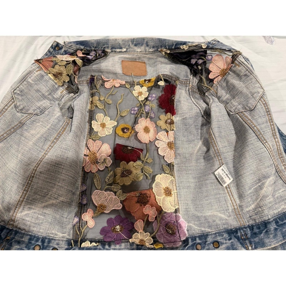 Vintage Floral Embroidered Mesh Patchwork Hippie Eclectic Denim Jacket Boho/2 - Picture 7 of 10